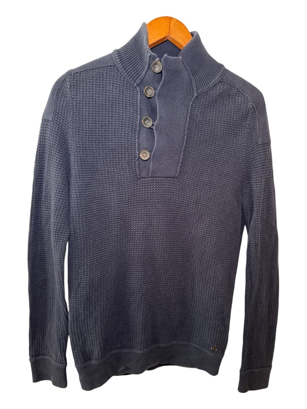 Hugo BOSS Orange Label Navy Ribbed Knit Sweater 4 Button Mock Neck Size Small